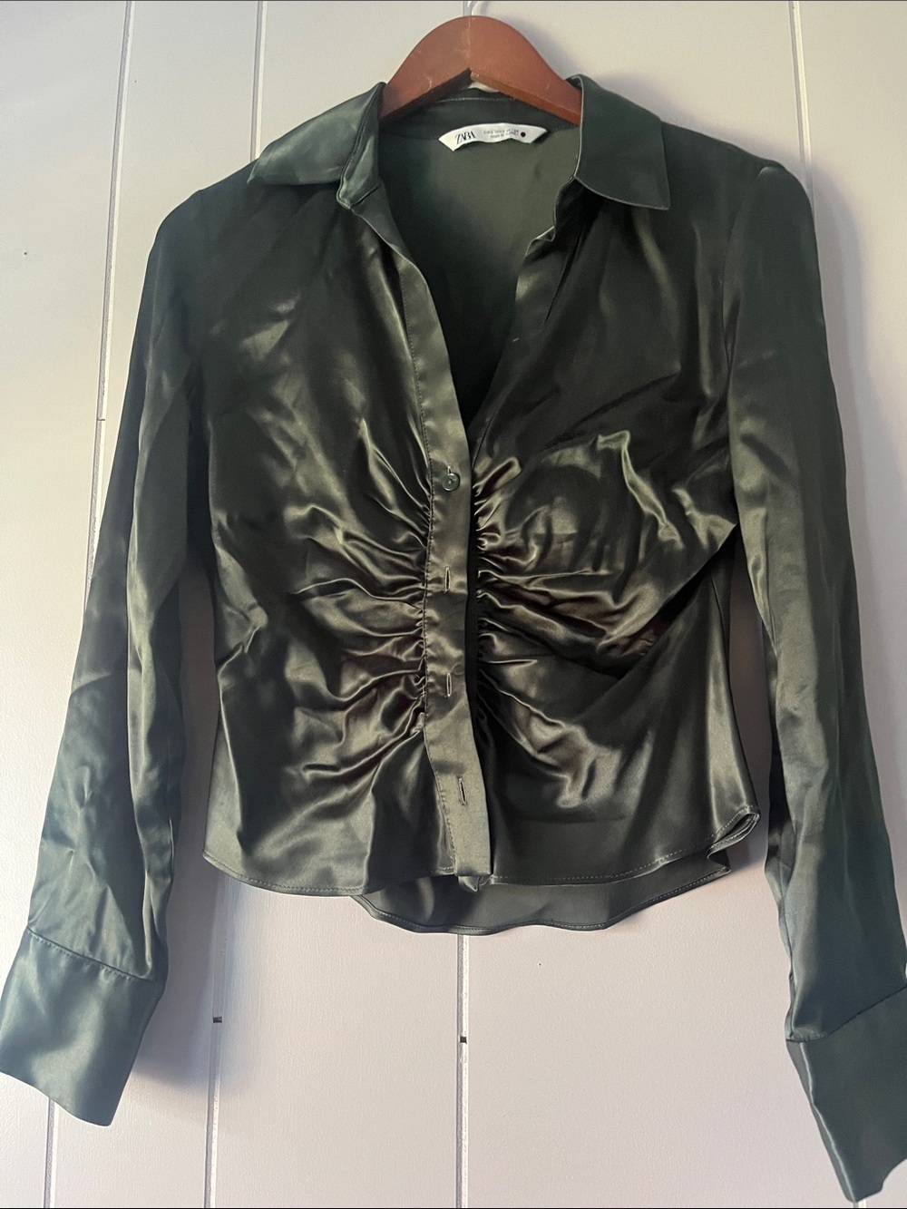 Zara Olive Satin Ruched Button-Front Shirt - Picture 2 of 13